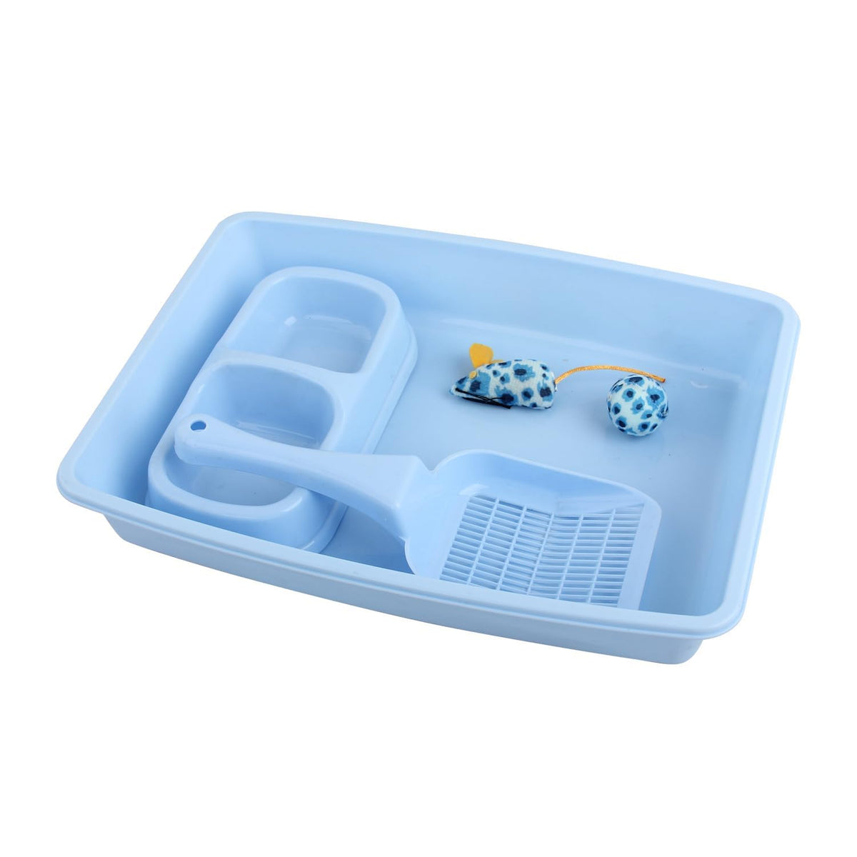 Cat Litter Box Set with Litter Scoop, Double Dish Cat Bowl, Mouse and Ball Toy W80809