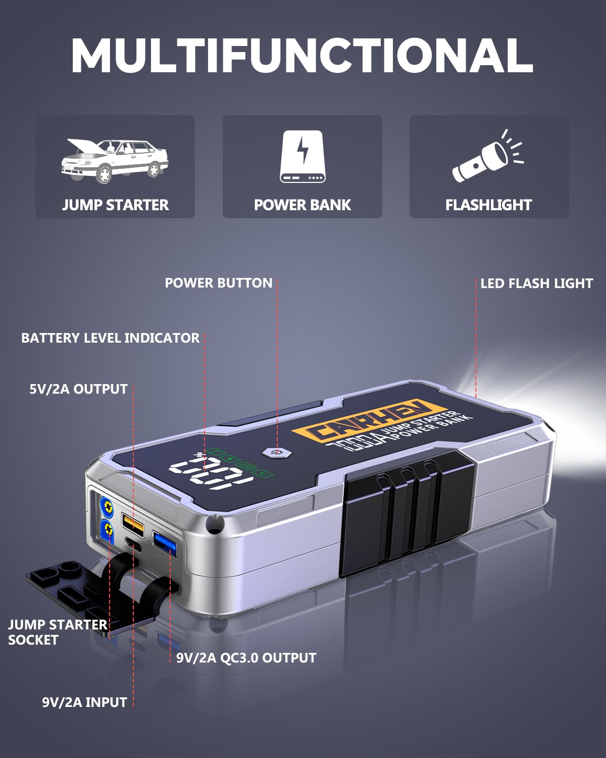 Car Battery Jump Starter Portable 12V with Jumper Cables LED Light H37048