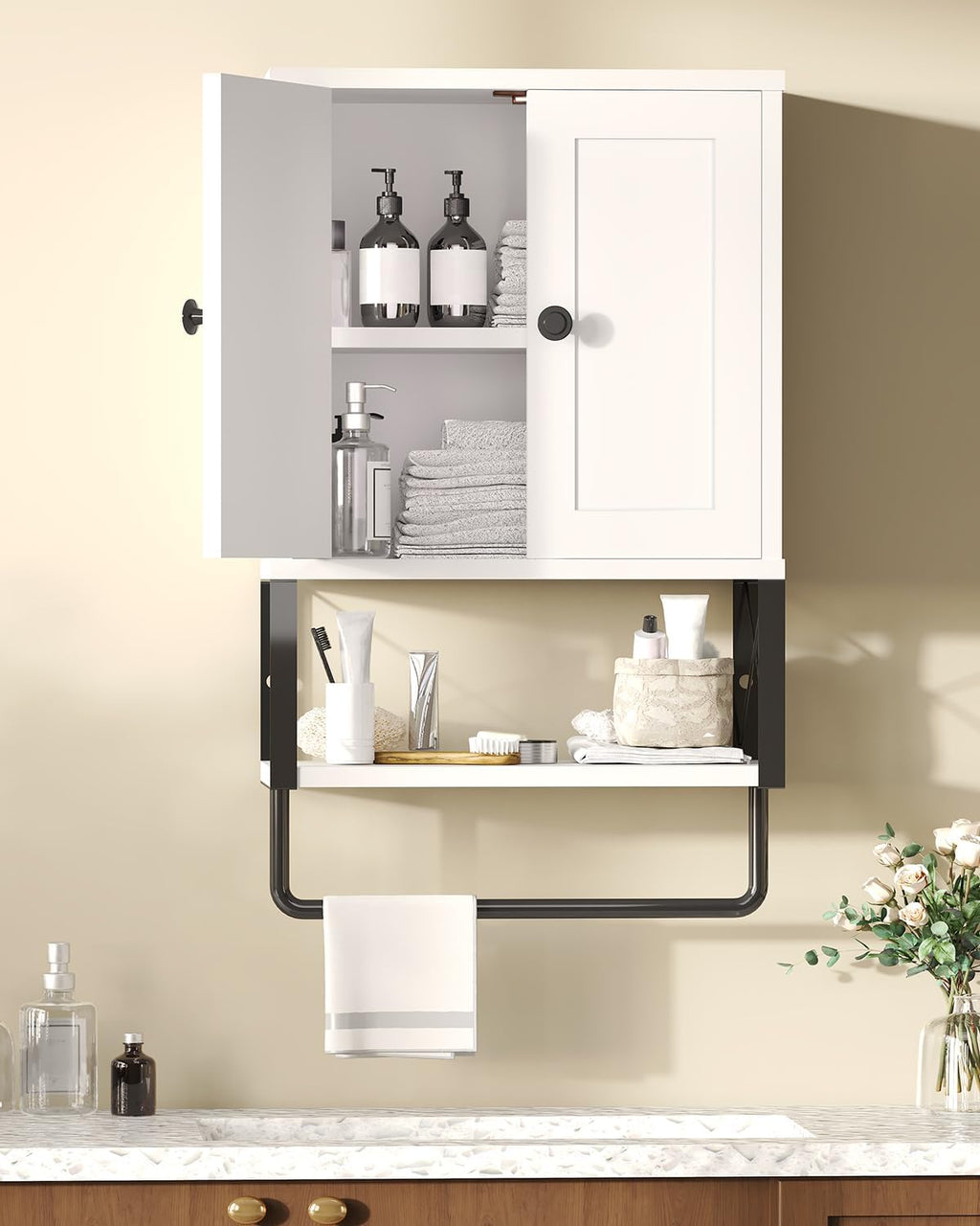 White Bathroom Wall Cabinet with Towel Rack Y339043