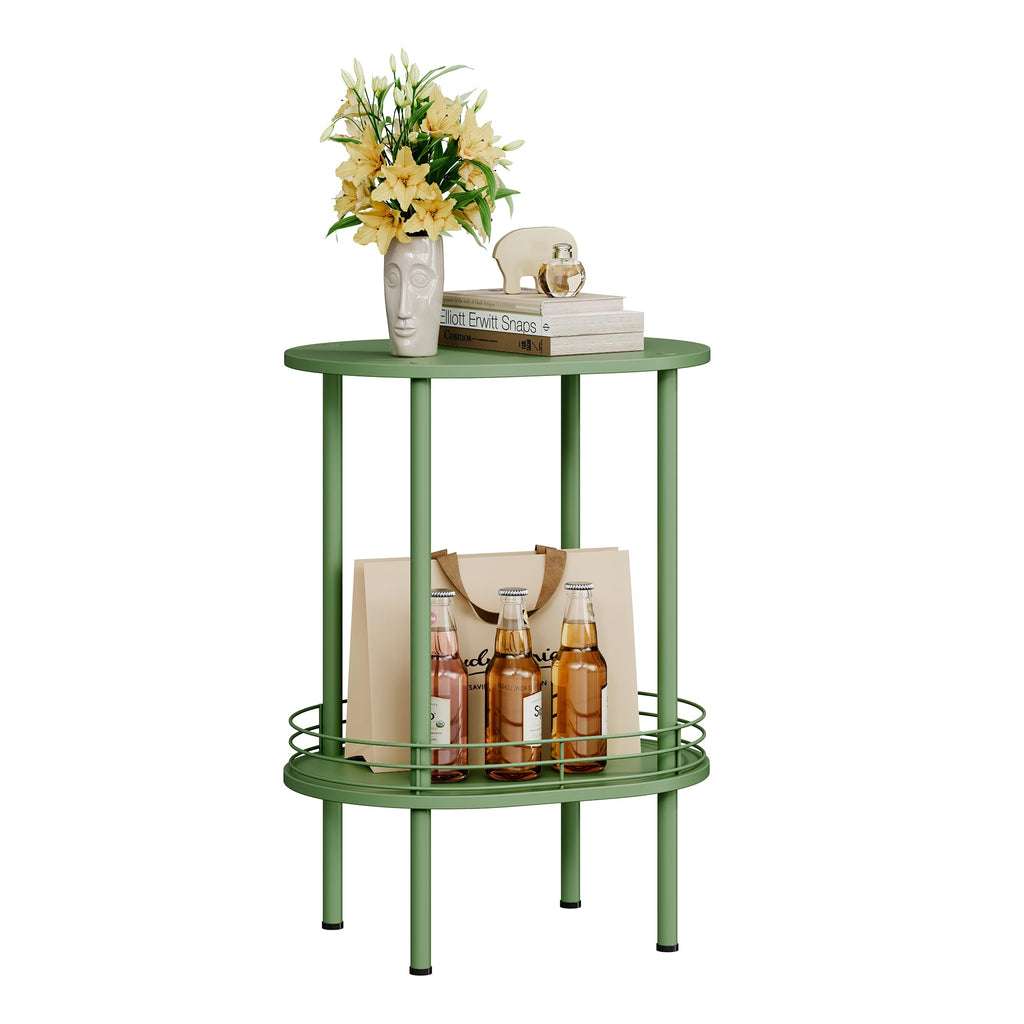 Oval Side Table with Storage, 2-Tier Green End Table O90441
