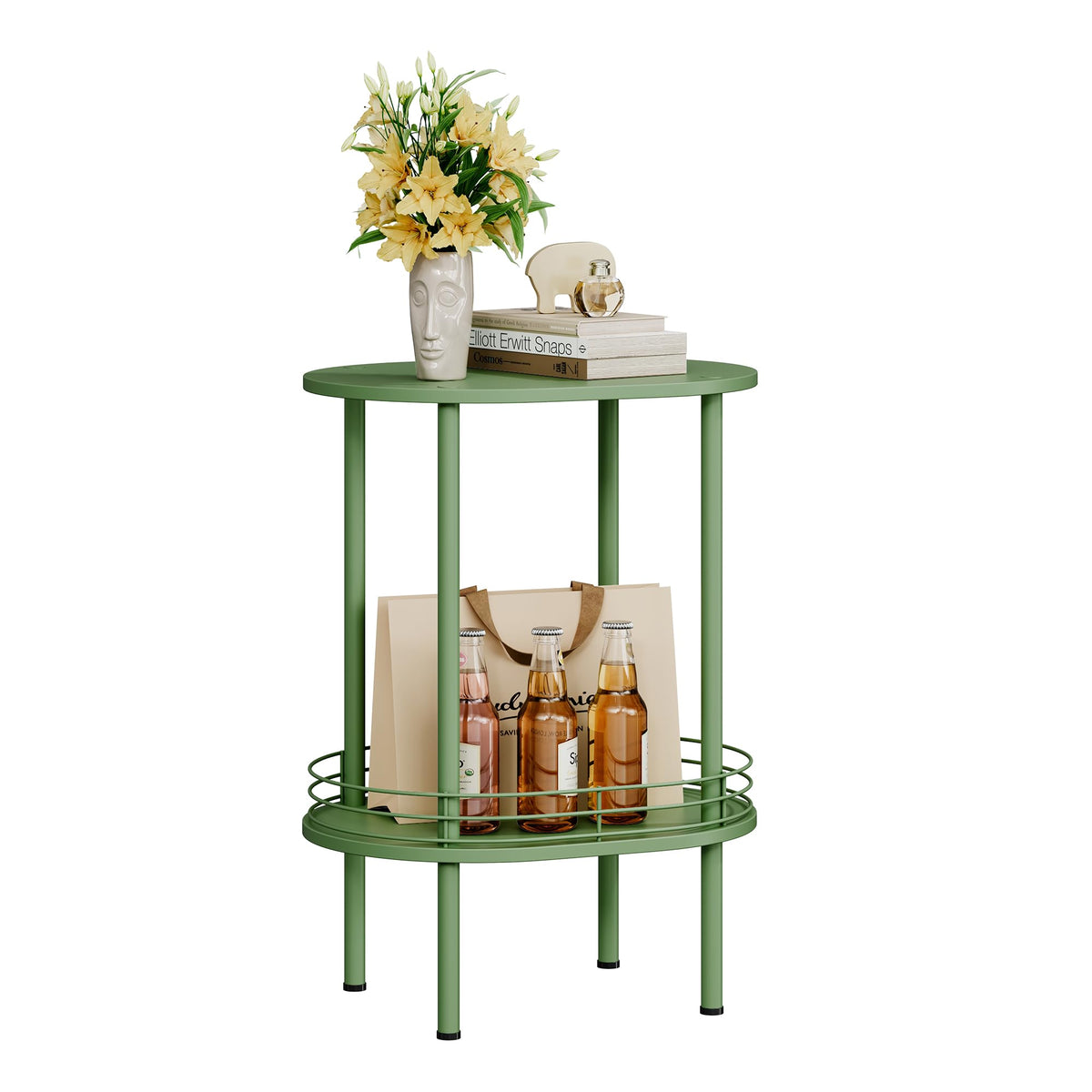 Oval Side Table with Storage, 2-Tier Green End Table O90441