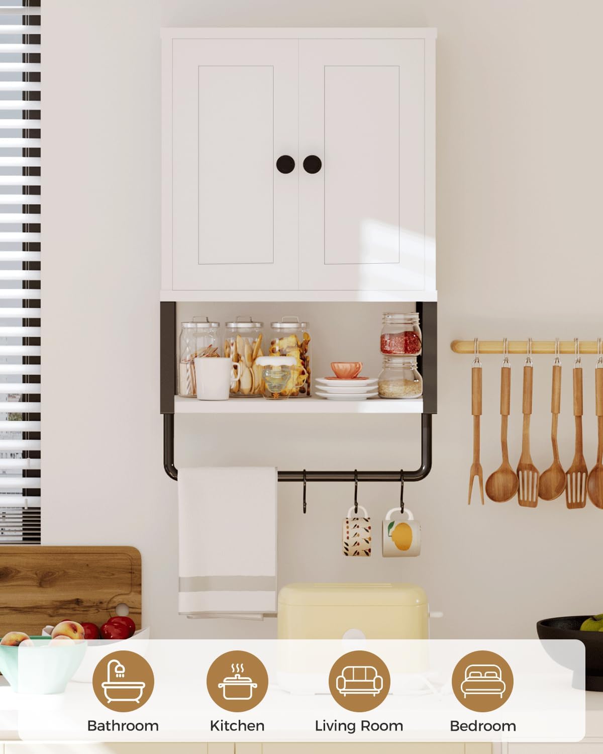 White Bathroom Wall Cabinet with Towel Rack Y339043