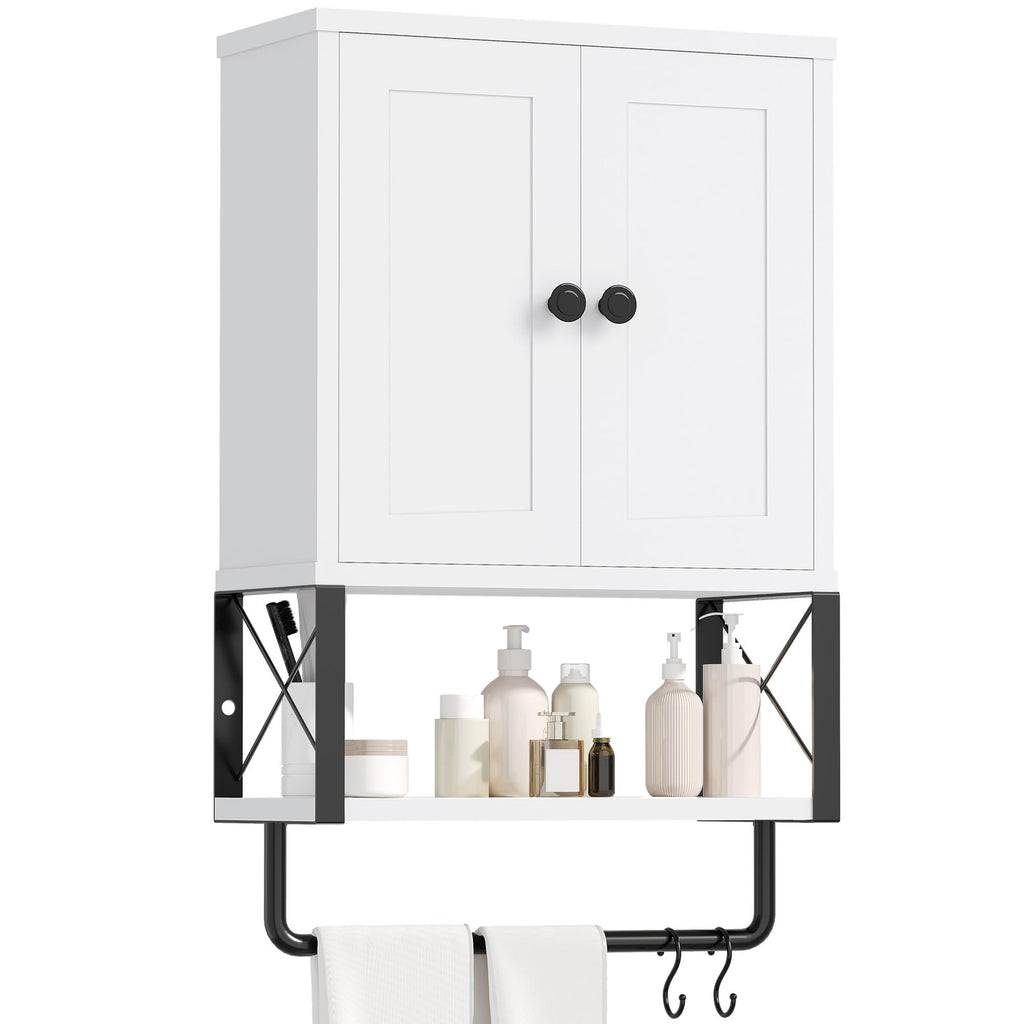 White Bathroom Wall Cabinet with Towel Rack Y339043