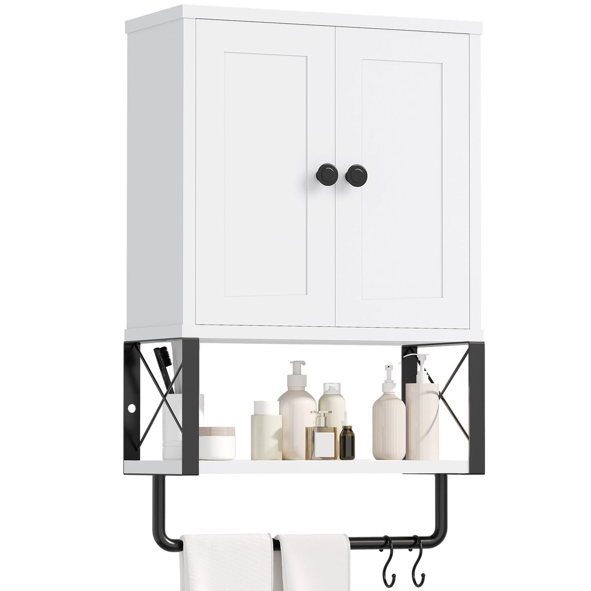 White Bathroom Wall Cabinet with Towel Rack Y339043