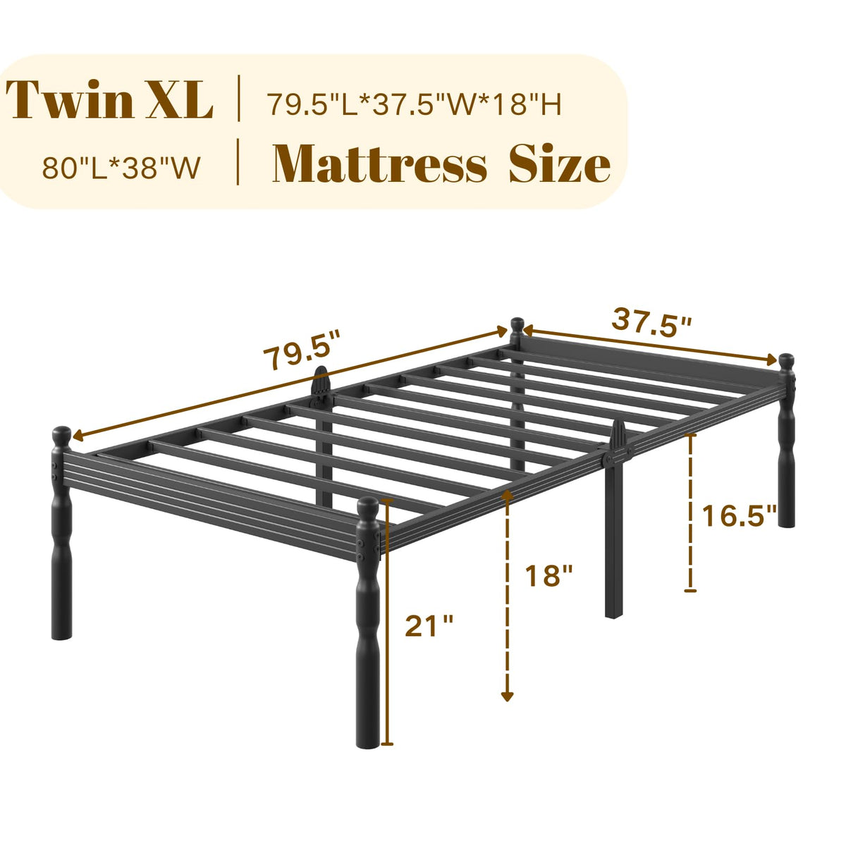 Twin XL Size 18" Black Metal Bed Frame with Storage E95268