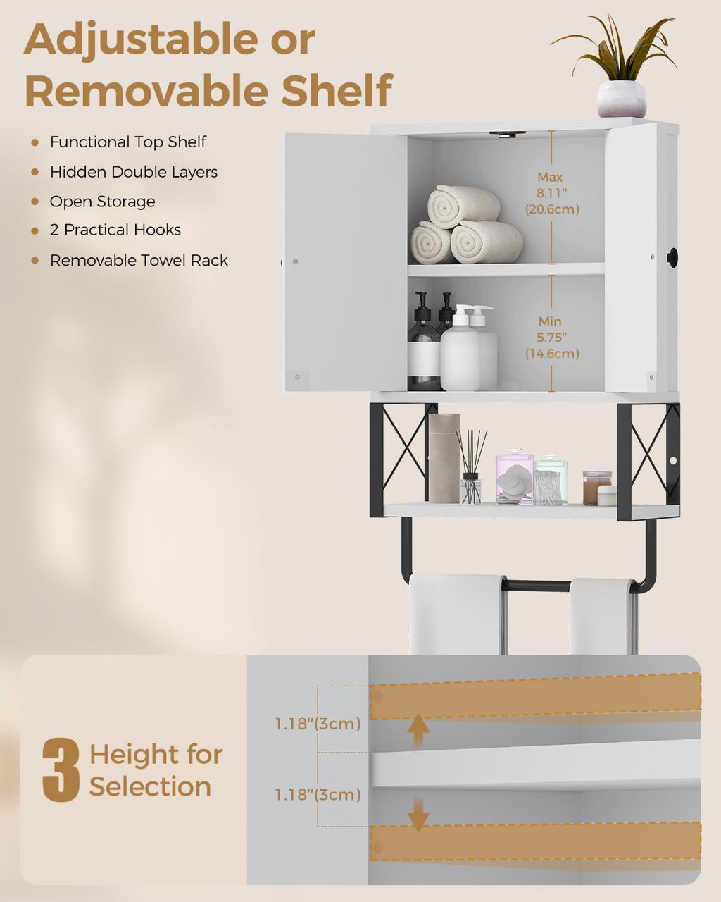 White Bathroom Wall Cabinet with Towel Rack Y339043