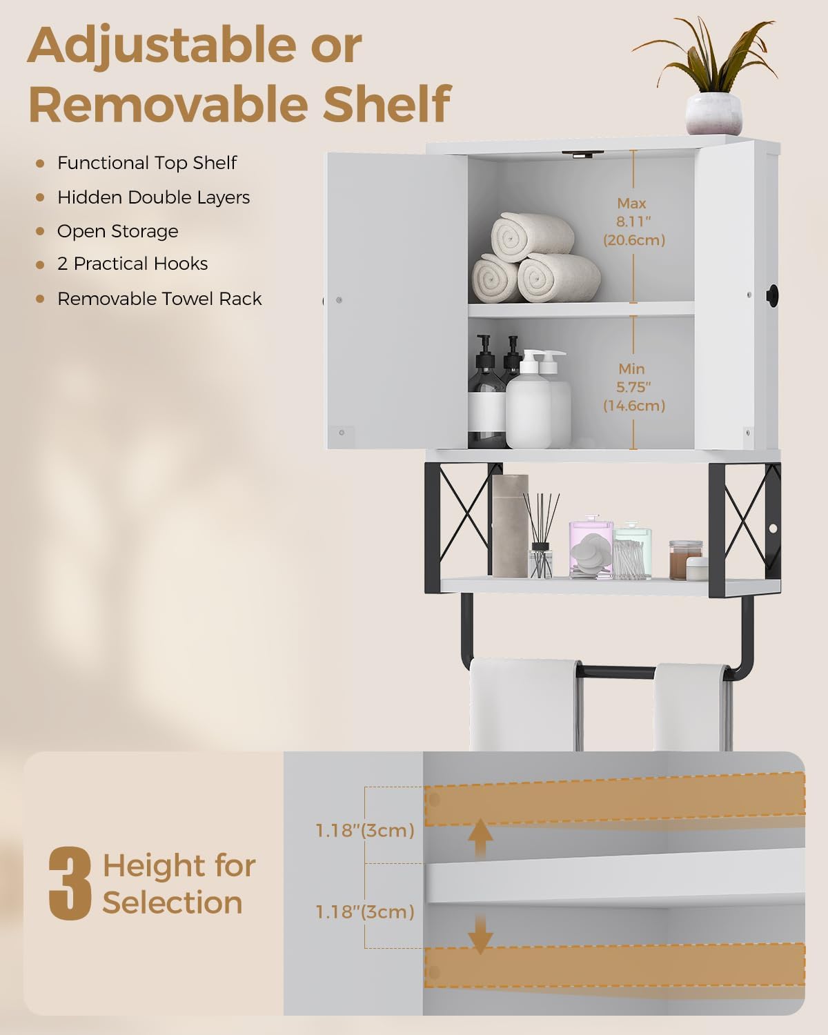 White Bathroom Wall Cabinet with Towel Rack Y339043