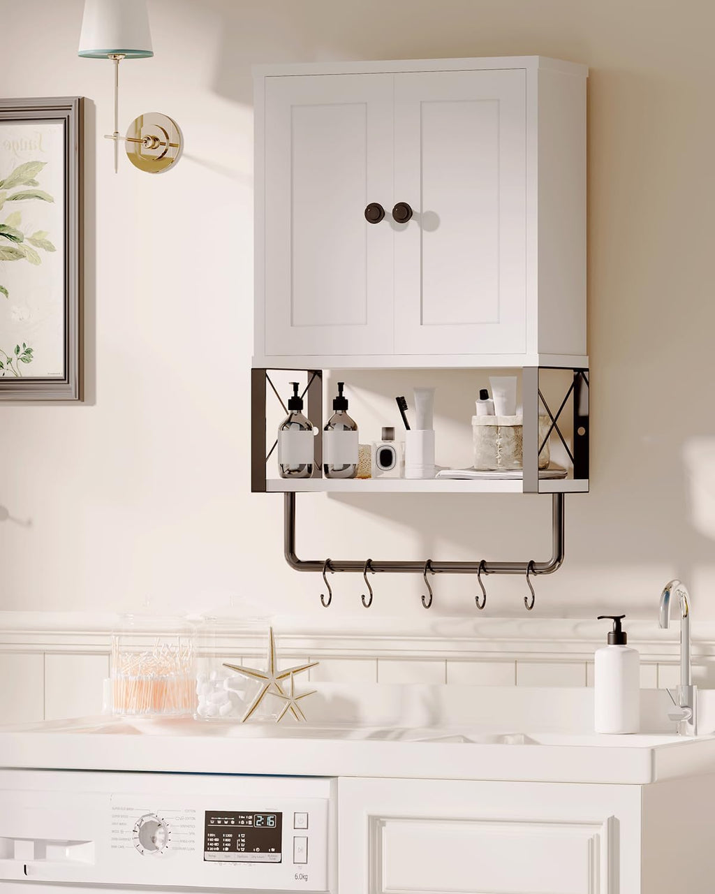 White Bathroom Wall Cabinet with Towel Rack Y339043