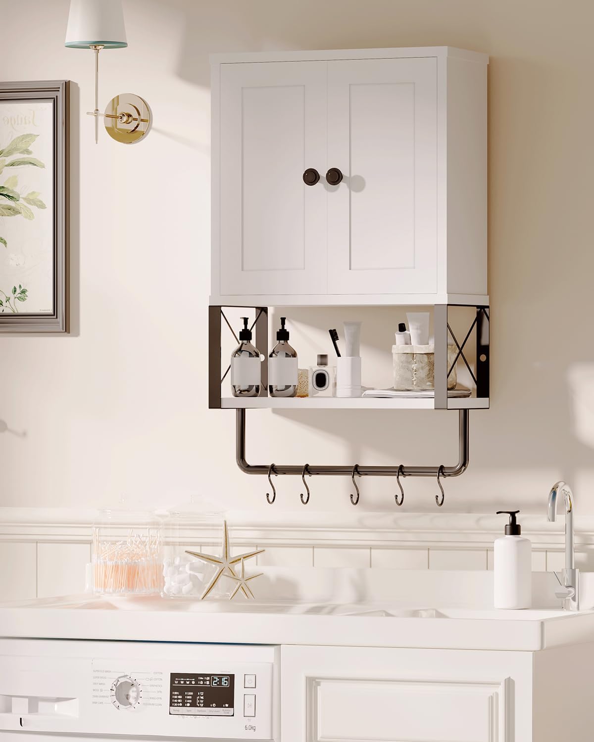 White Bathroom Wall Cabinet with Towel Rack Y339043