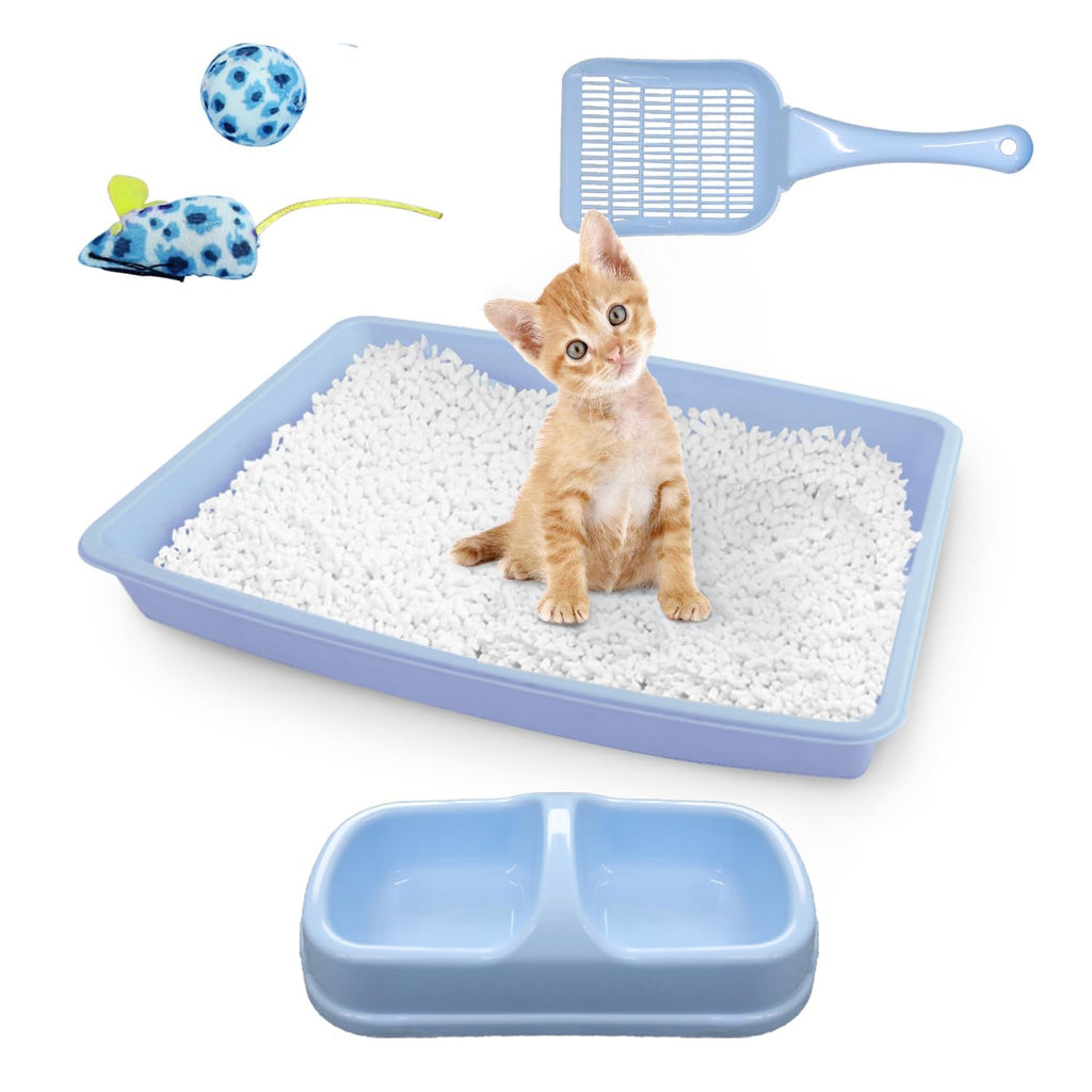 Cat Litter Box Set with Litter Scoop, Double Dish Cat Bowl, Mouse and Ball Toy W80809