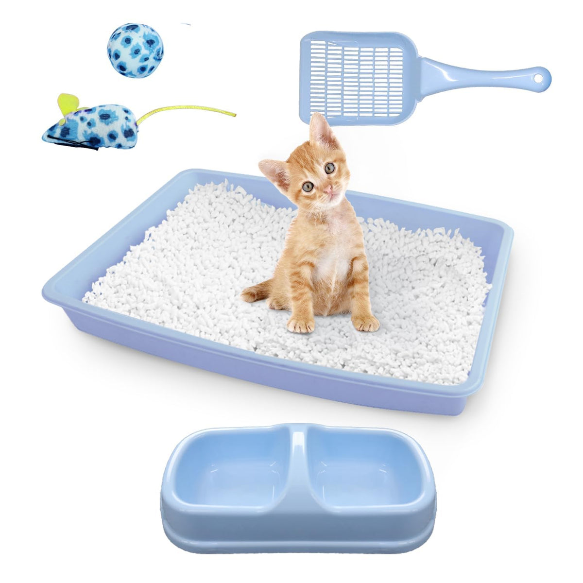 Cat Litter Box Set with Litter Scoop, Double Dish Cat Bowl, Mouse and Ball Toy W80809