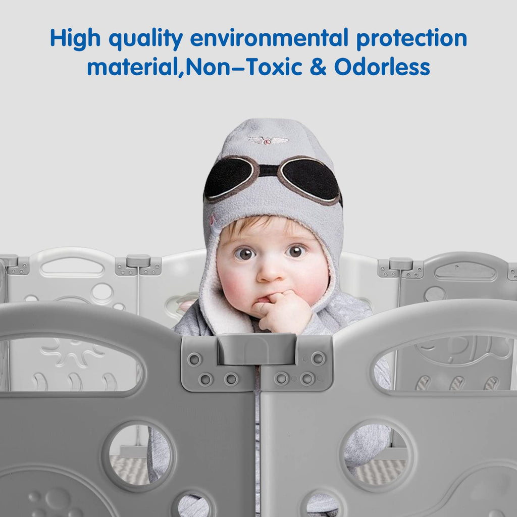 18 Panel Grey White Foldable Kids Playpen Safety Lock Gate Y5329