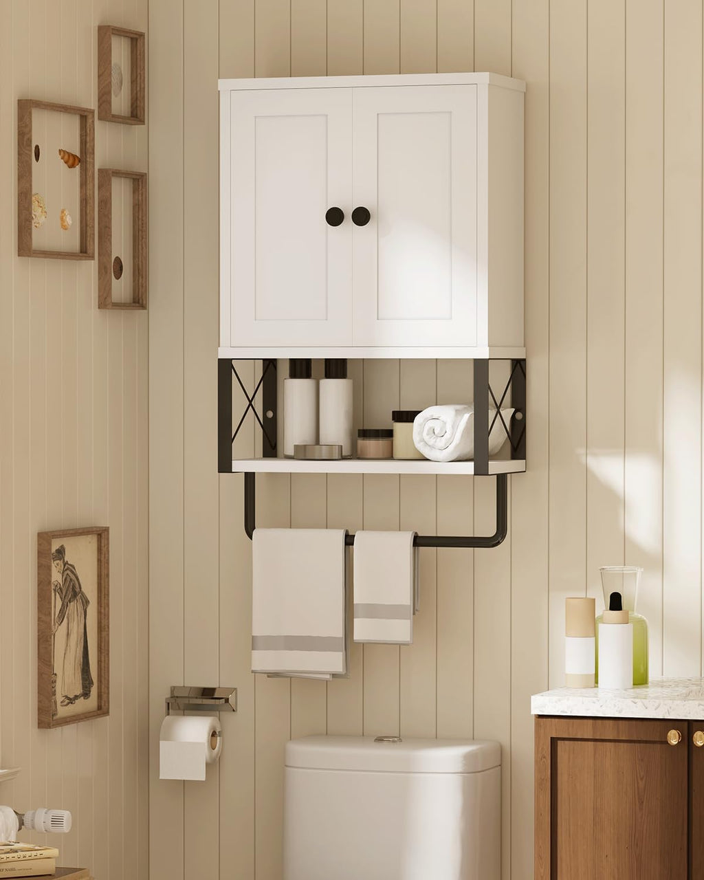 White Bathroom Wall Cabinet with Towel Rack Y339043