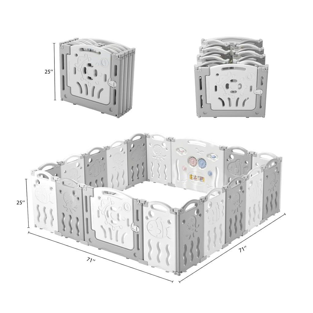 18 Panel Grey White Foldable Kids Playpen Safety Lock Gate Y5329