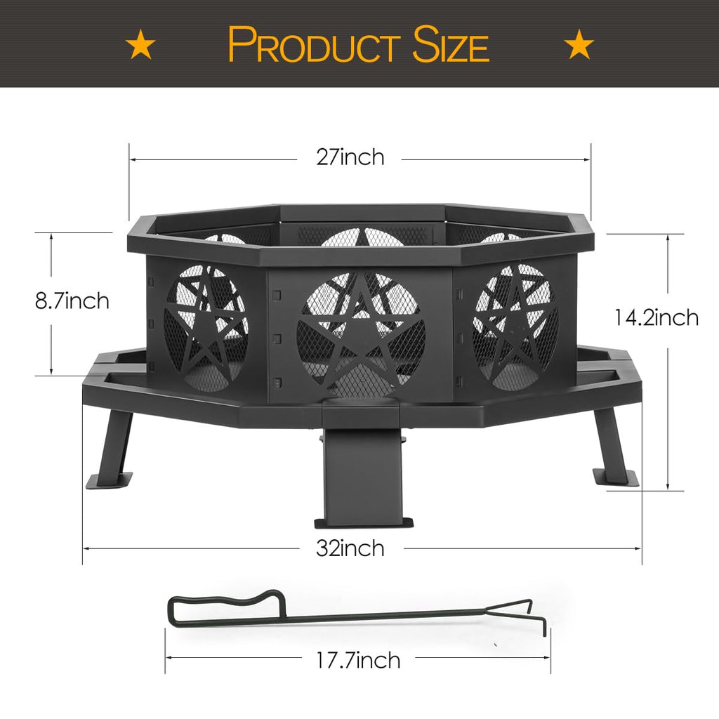 32 Inch Octagonal Fire Pit with Fire Poker Black D3152