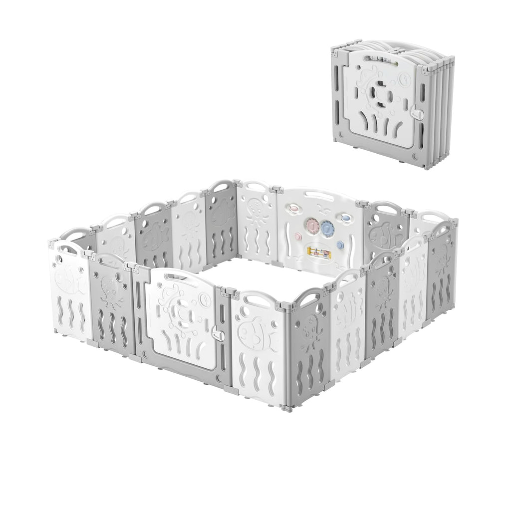 18 Panel Grey White Foldable Kids Playpen Safety Lock Gate Y5329