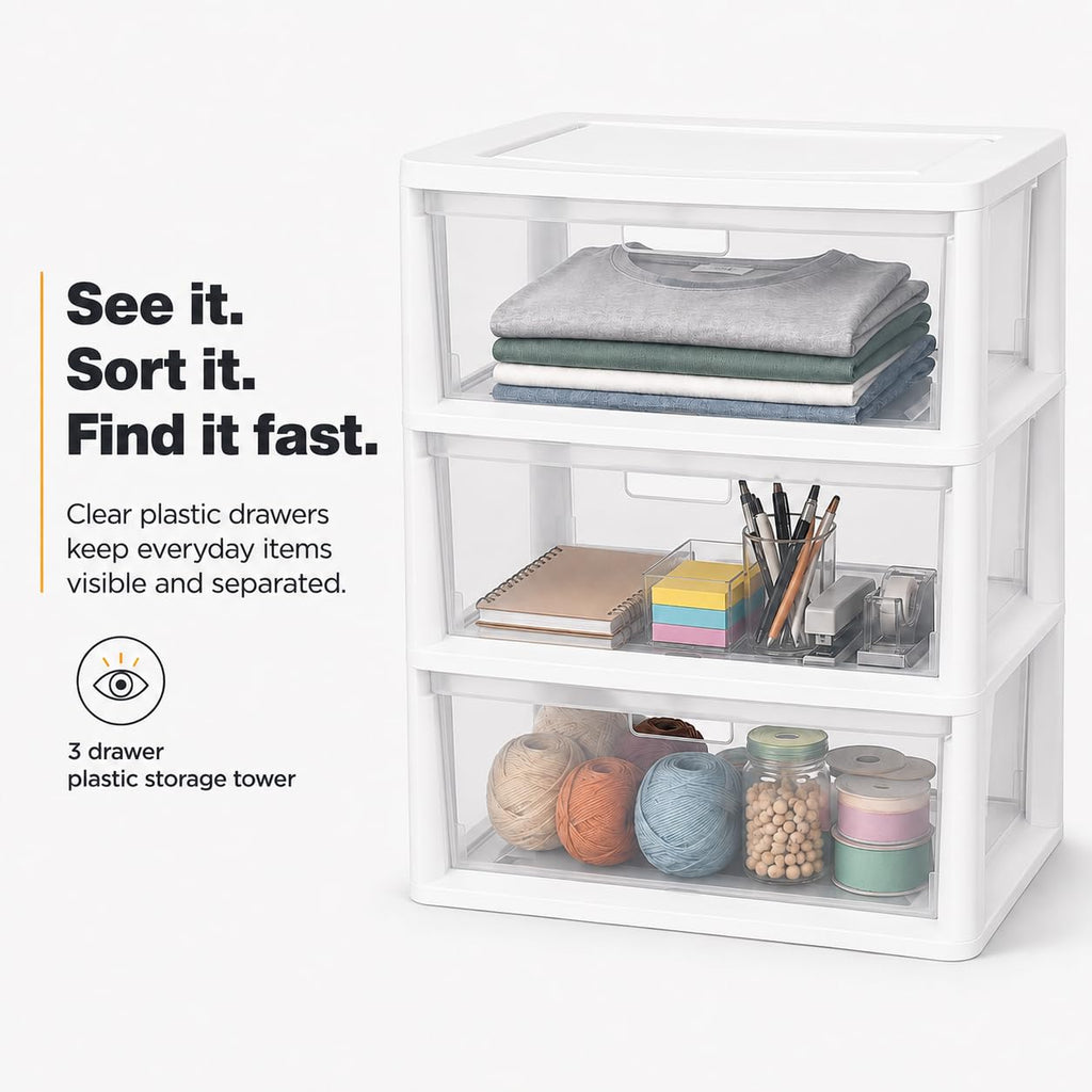 3-Drawer Plastic Storage Tower with Clear Removable Bins I235