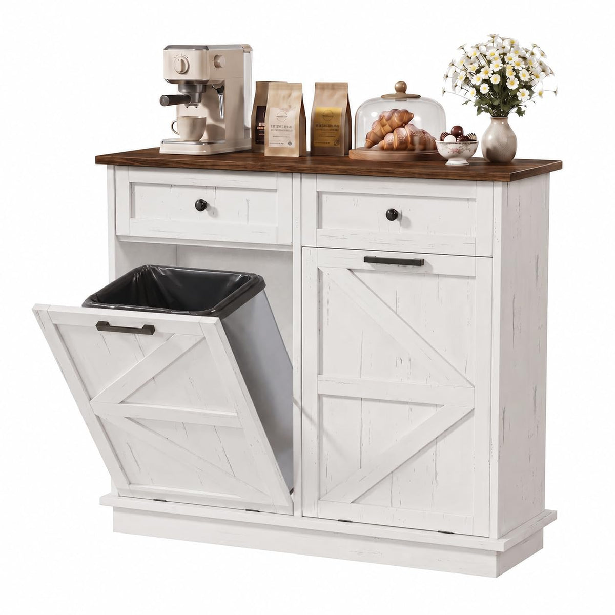White Double Tilt Out Trash Can Cabinet with 2 Drawers D9201
