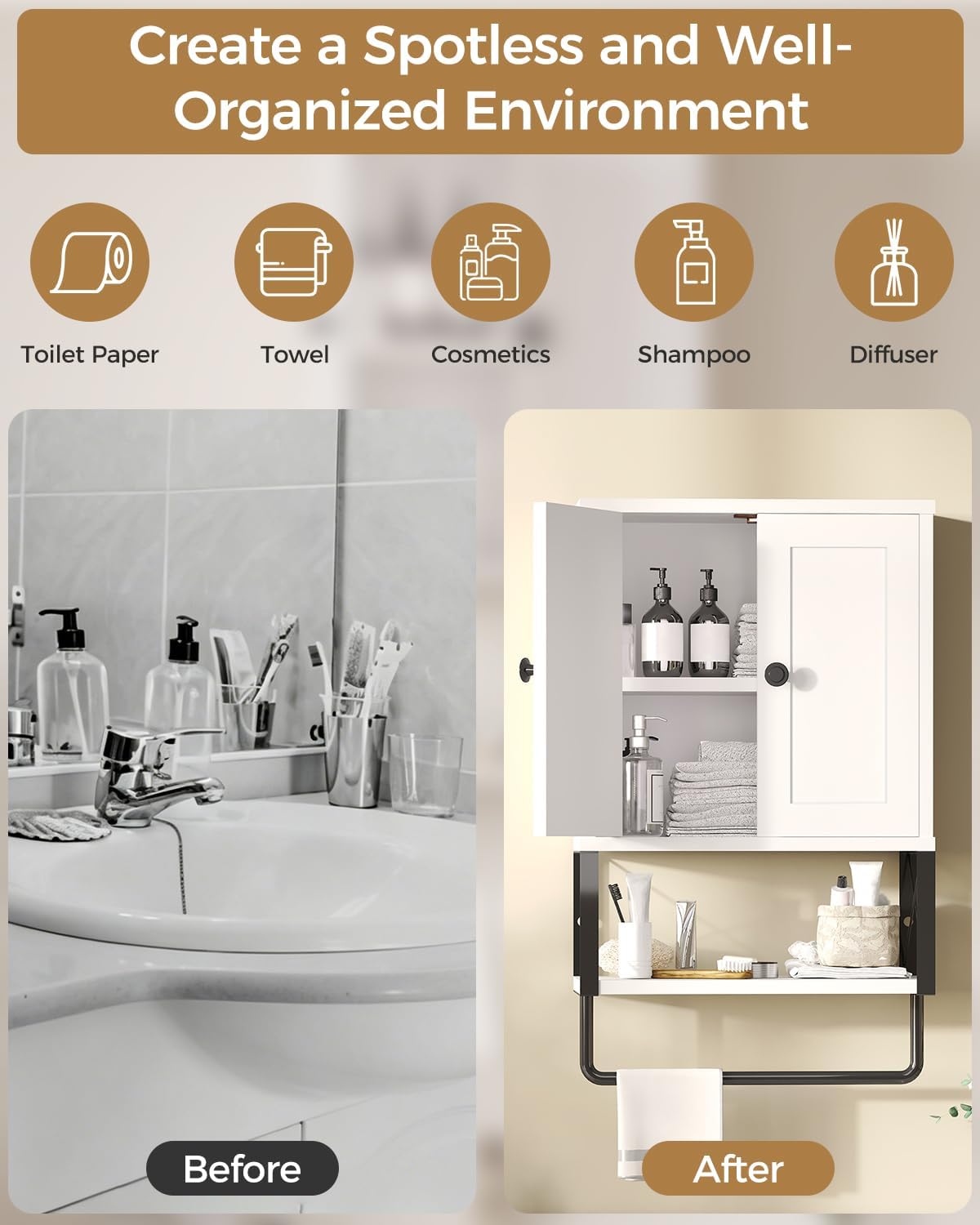 White Bathroom Wall Cabinet with Towel Rack Y339043