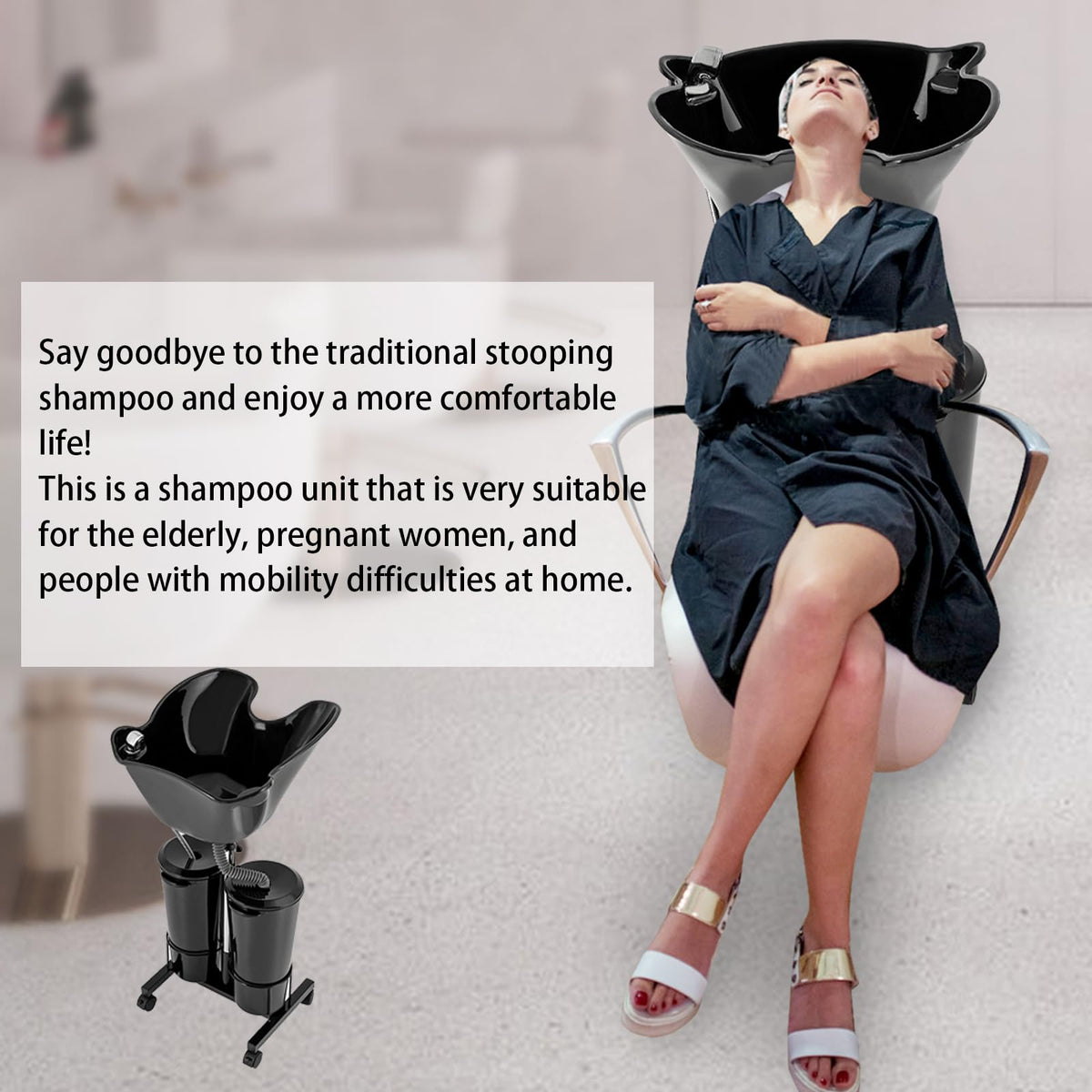 Portable Mobile Shampoo Bowl with Electric Pump, 2 Bucket, Drain Hoses, Height-Adjustable I301348