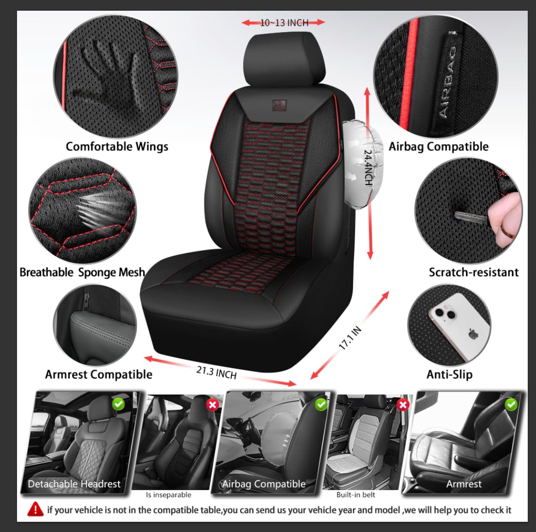 3D Foam Mesh Faux Leather Car Seat Covers Full Set, Black and Red R4671