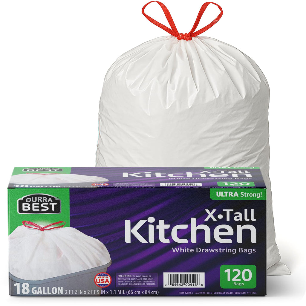 120 Count 18 Gallon White Heavy-Duty Drawstring Trash Bags F2608