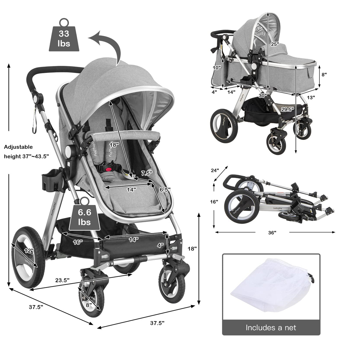 2-in-1 Convertible Bassinet Reclining Stroller O6727