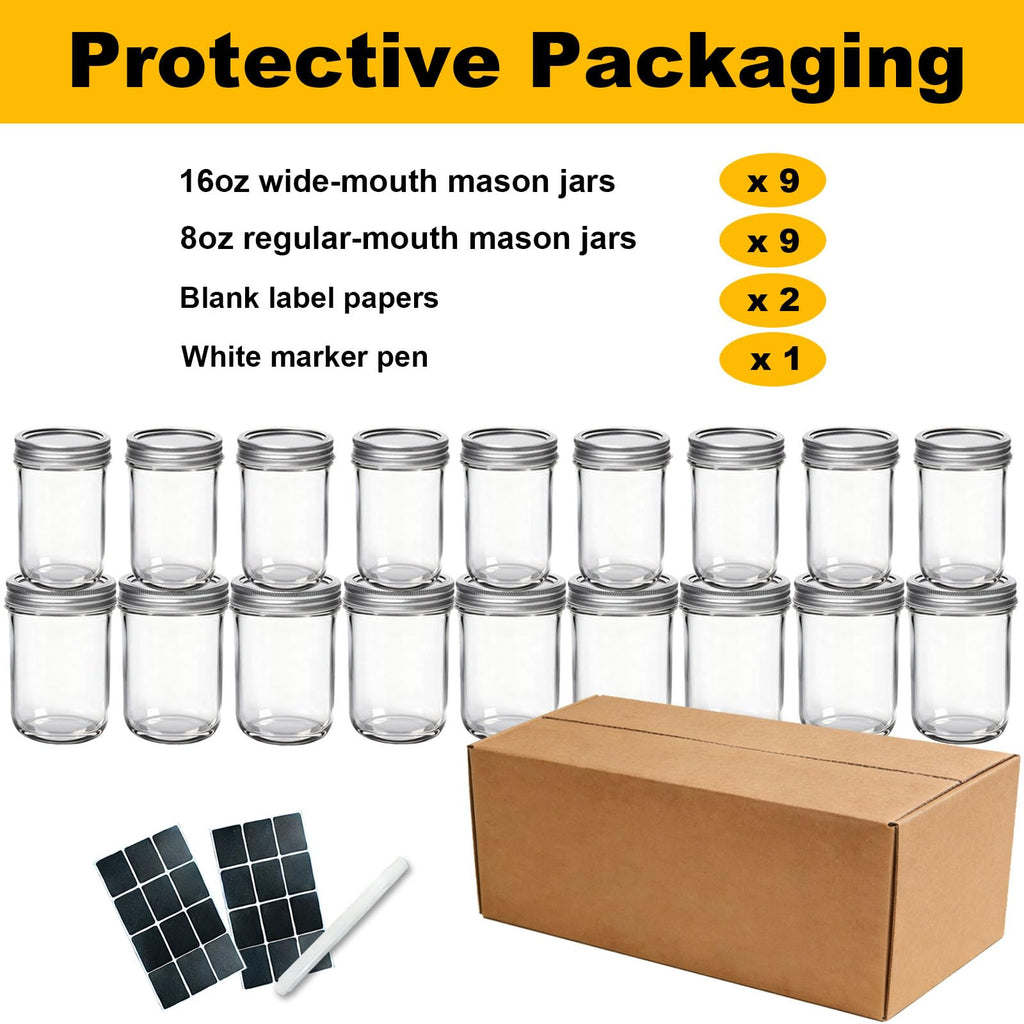 16 oz & 8 oz Clear Glass Mason Jars with Lids, Set of 18 L441589