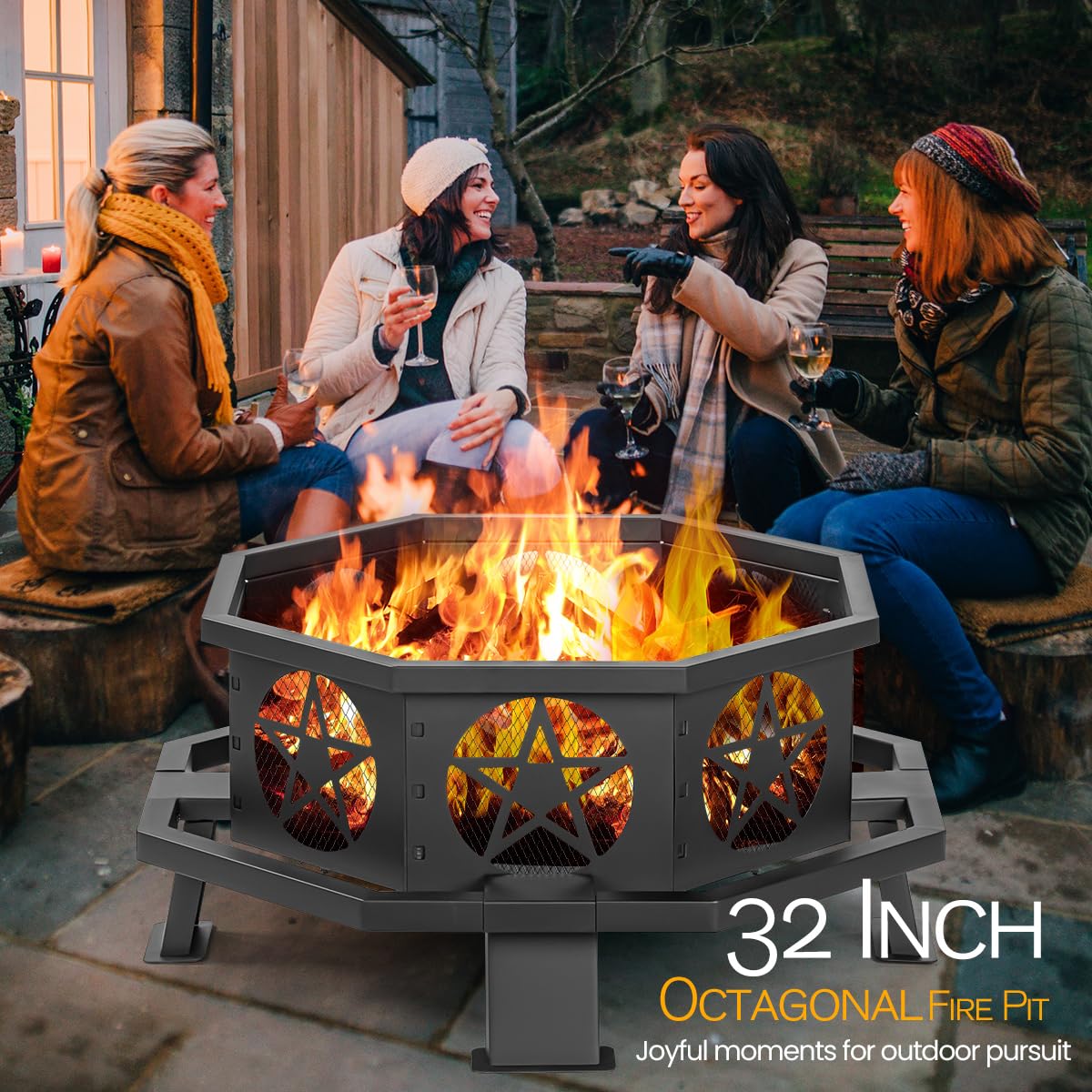 32 Inch Octagonal Fire Pit with Fire Poker Black D3152