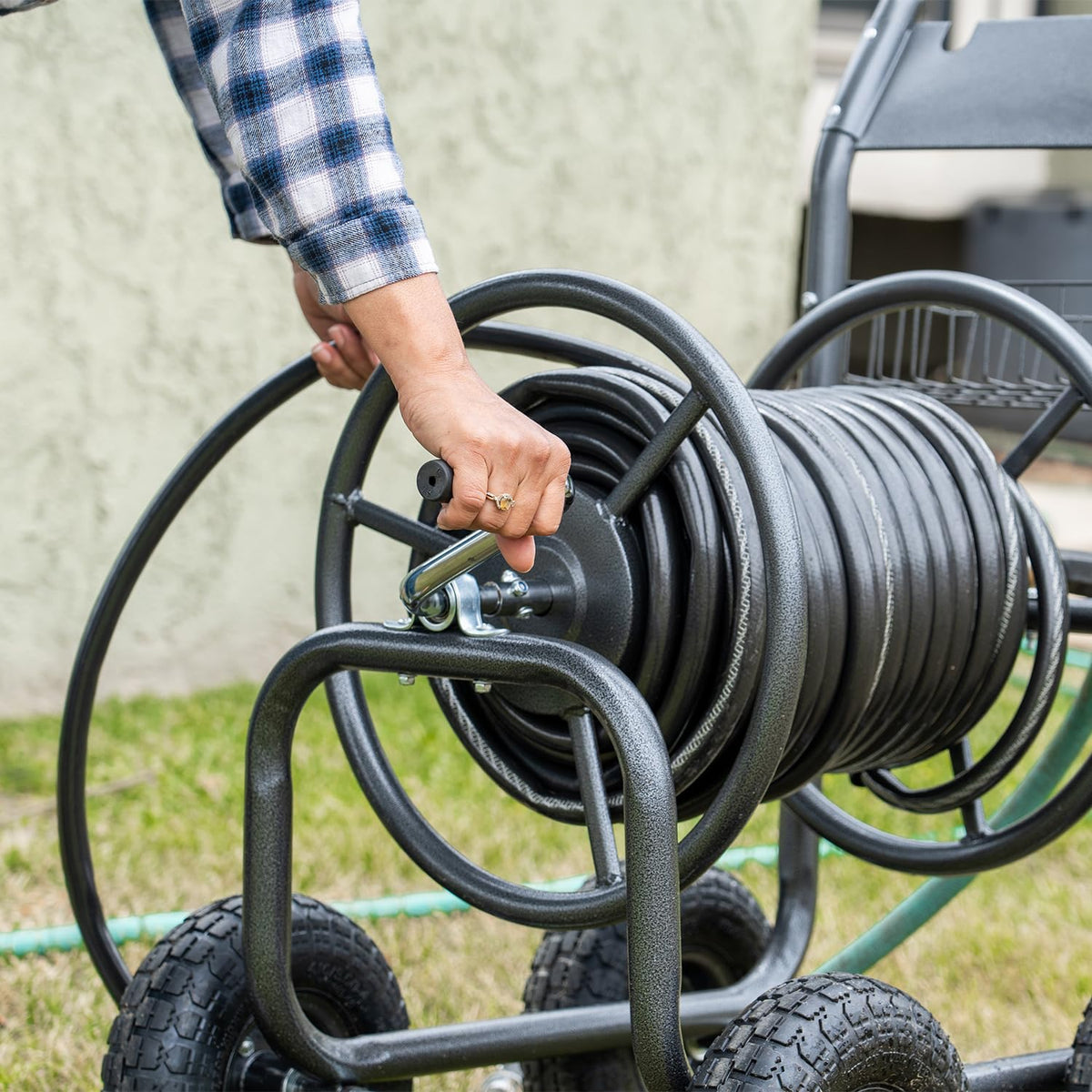 Hose Reel Cart with Wheels, 300-Feet Capacity, Grey O87468