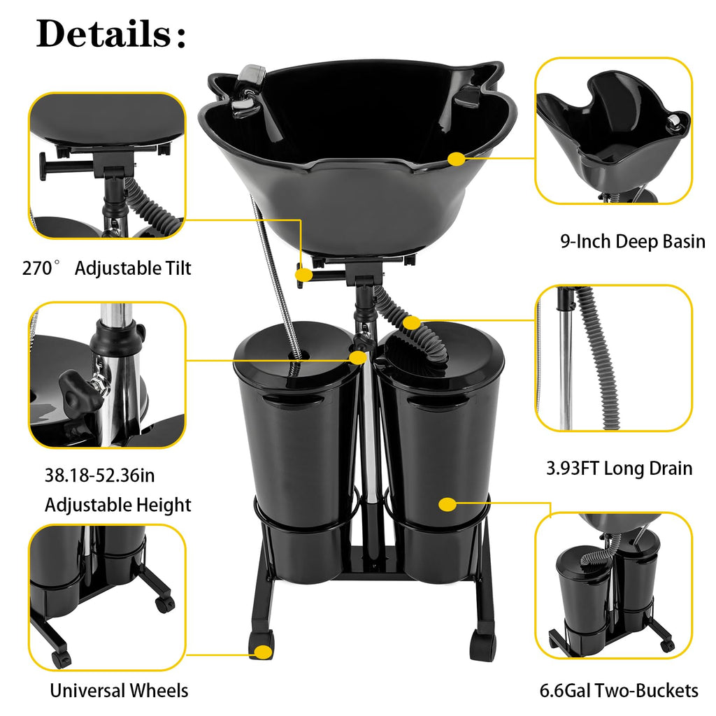 Portable Mobile Shampoo Bowl with Electric Pump, 2 Bucket, Drain Hoses, Height-Adjustable I301348