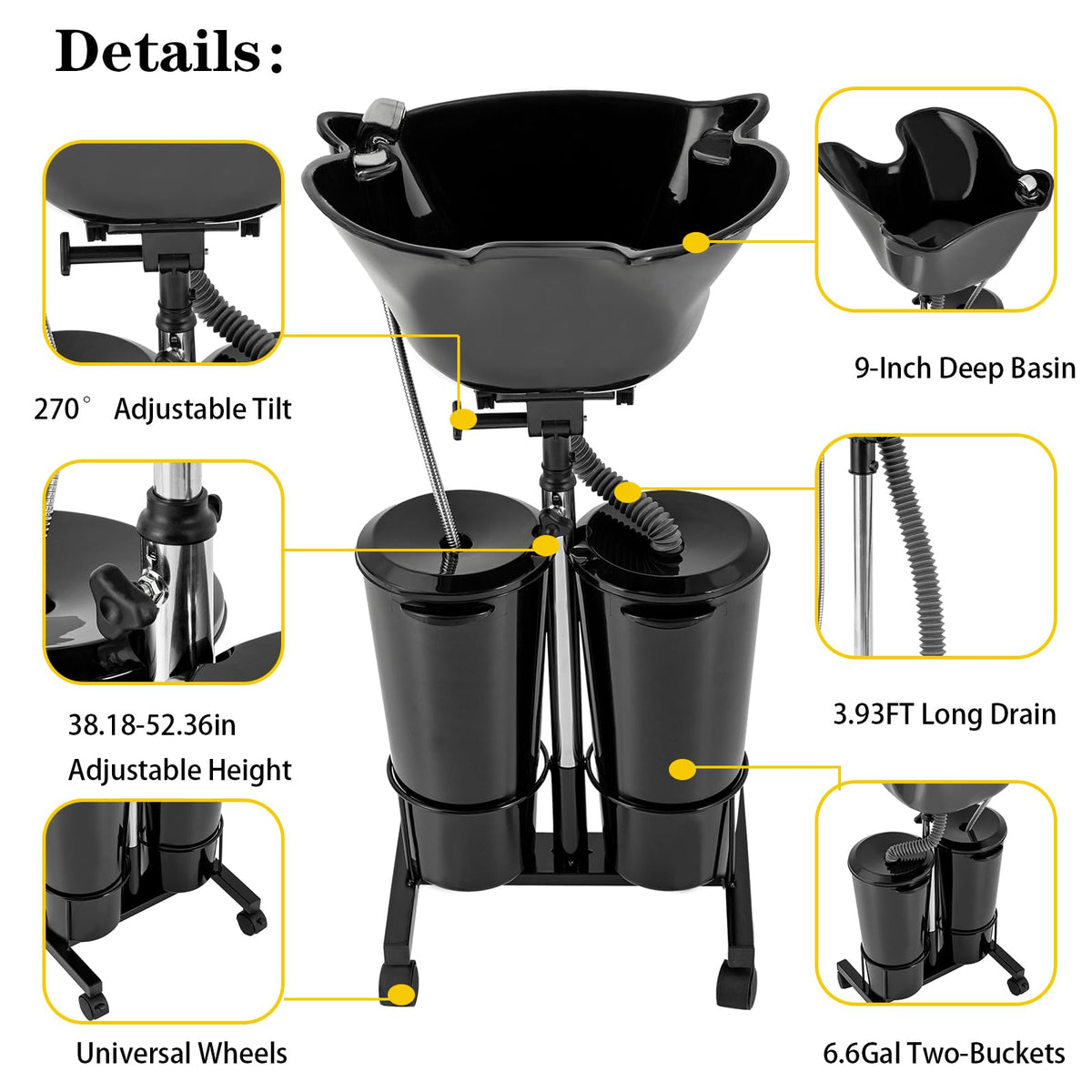 Portable Mobile Shampoo Bowl with Electric Pump, 2 Bucket, Drain Hoses, Height-Adjustable I301348