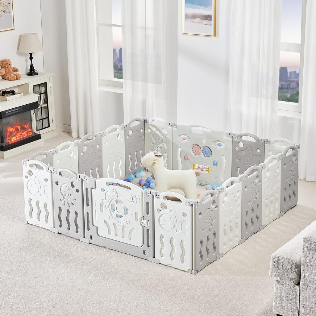 18 Panel Grey White Foldable Kids Playpen Safety Lock Gate Y5329