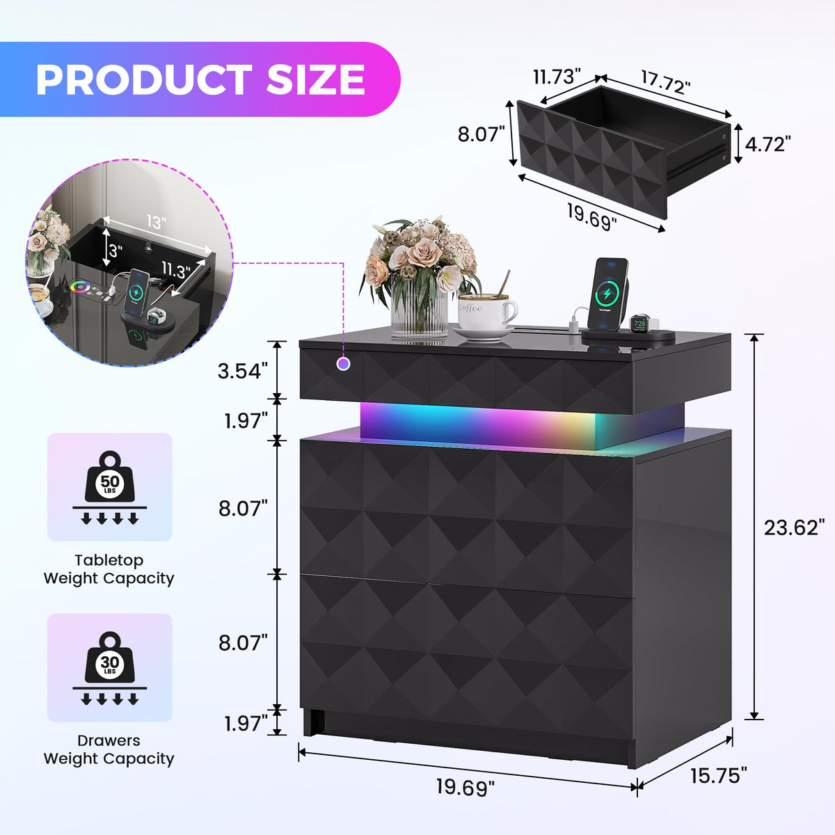 LED Night Stand with Charging Station M7811