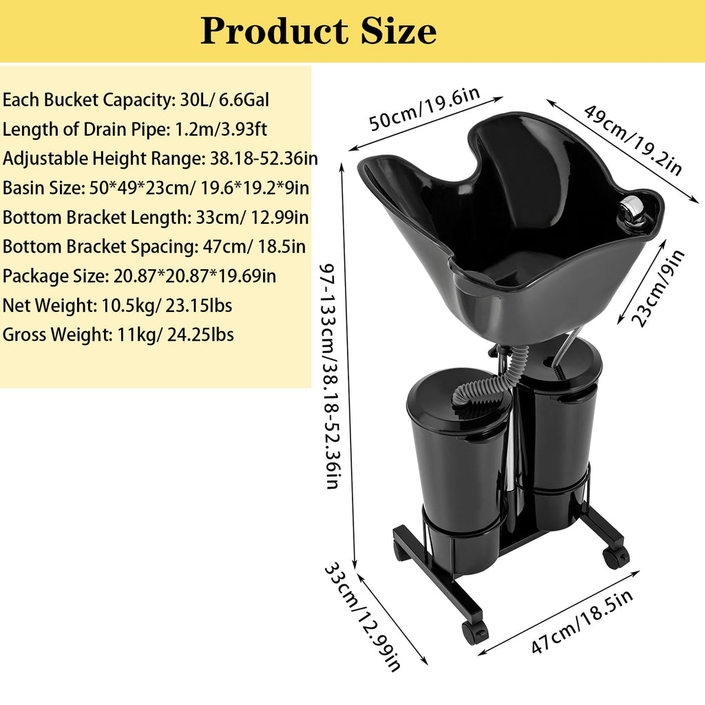Portable Mobile Shampoo Bowl with Electric Pump, 2 Bucket, Drain Hoses, Height-Adjustable I301348