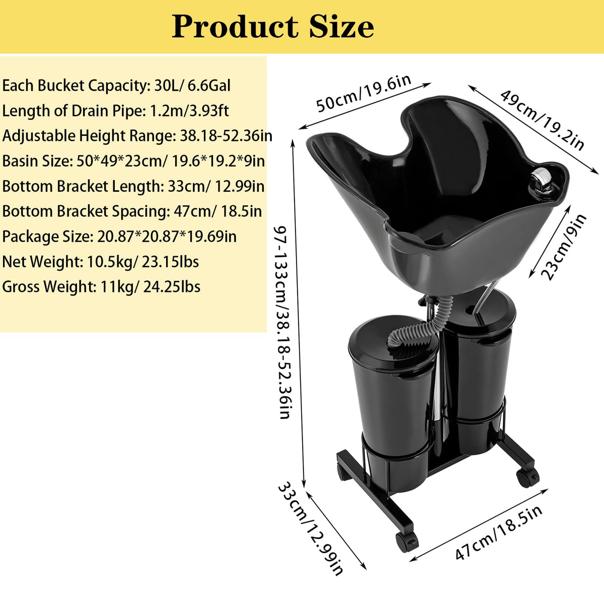 Portable Mobile Shampoo Bowl with Electric Pump, 2 Bucket, Drain Hoses, Height-Adjustable I301348