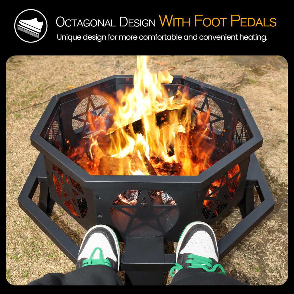 32 Inch Octagonal Fire Pit with Fire Poker Black D3152
