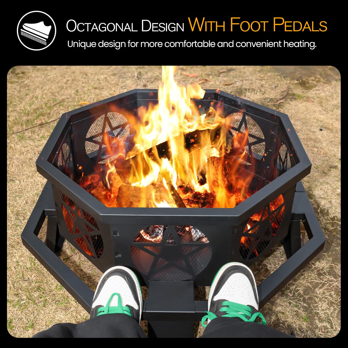 32 Inch Octagonal Fire Pit with Fire Poker Black D3152