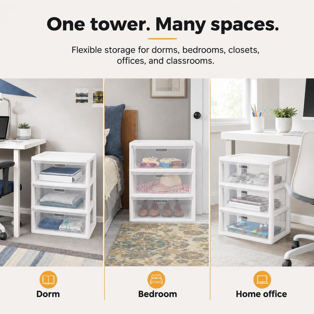 3-Drawer Plastic Storage Tower with Clear Removable Bins I235