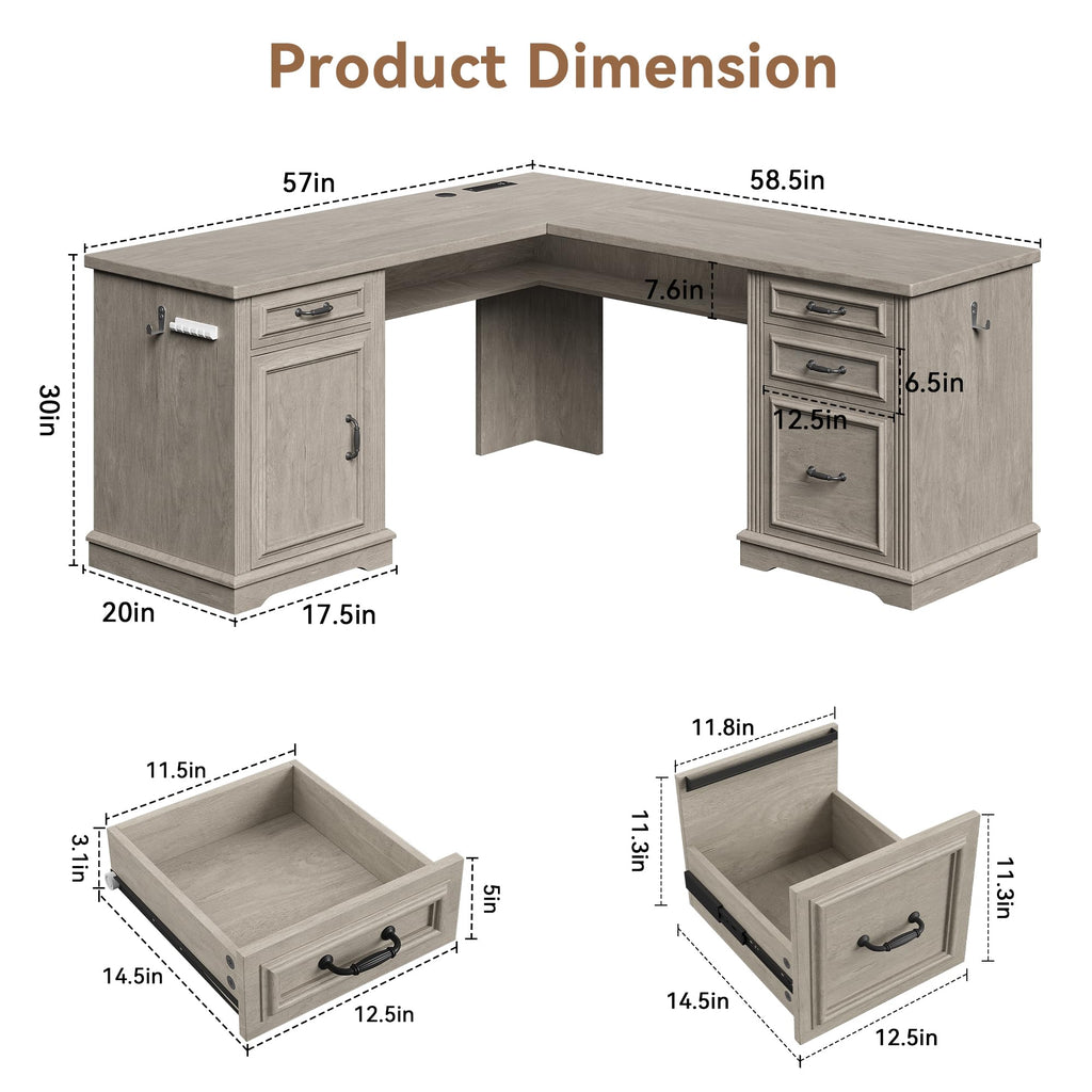L Shaped Executive Desk with 4 Drawers Grey O551