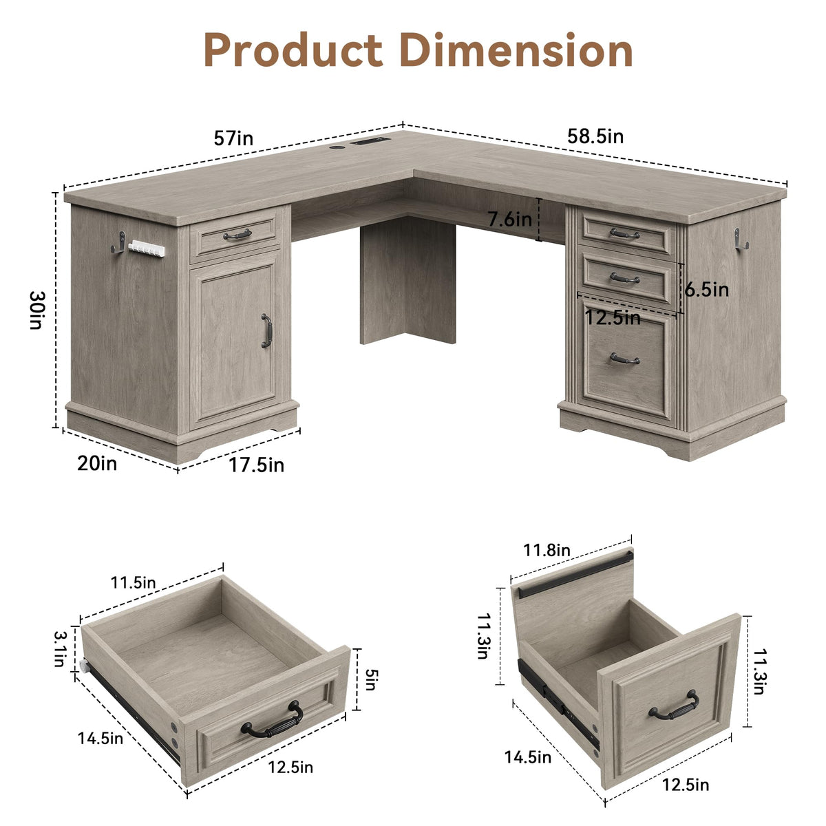 L Shaped Executive Desk with 4 Drawers Grey O551