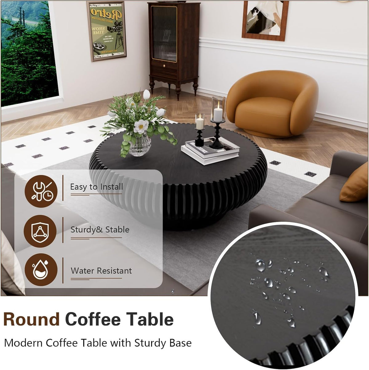 Black Round Fluted Drum Coffee Table N637