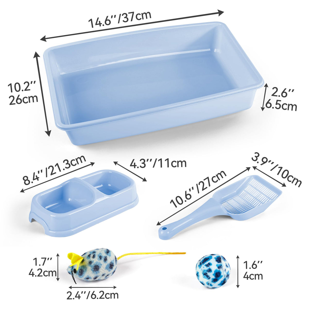 Cat Litter Box Set with Litter Scoop, Double Dish Cat Bowl, Mouse and Ball Toy W80809