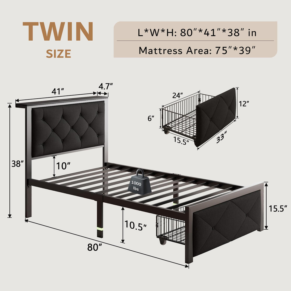 Black Twin Bed Frame with Storage Drawers T913915
