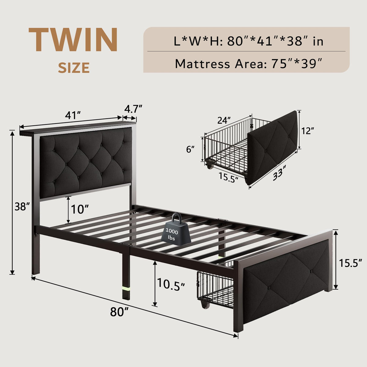 Black Twin Bed Frame with Storage Drawers T913915