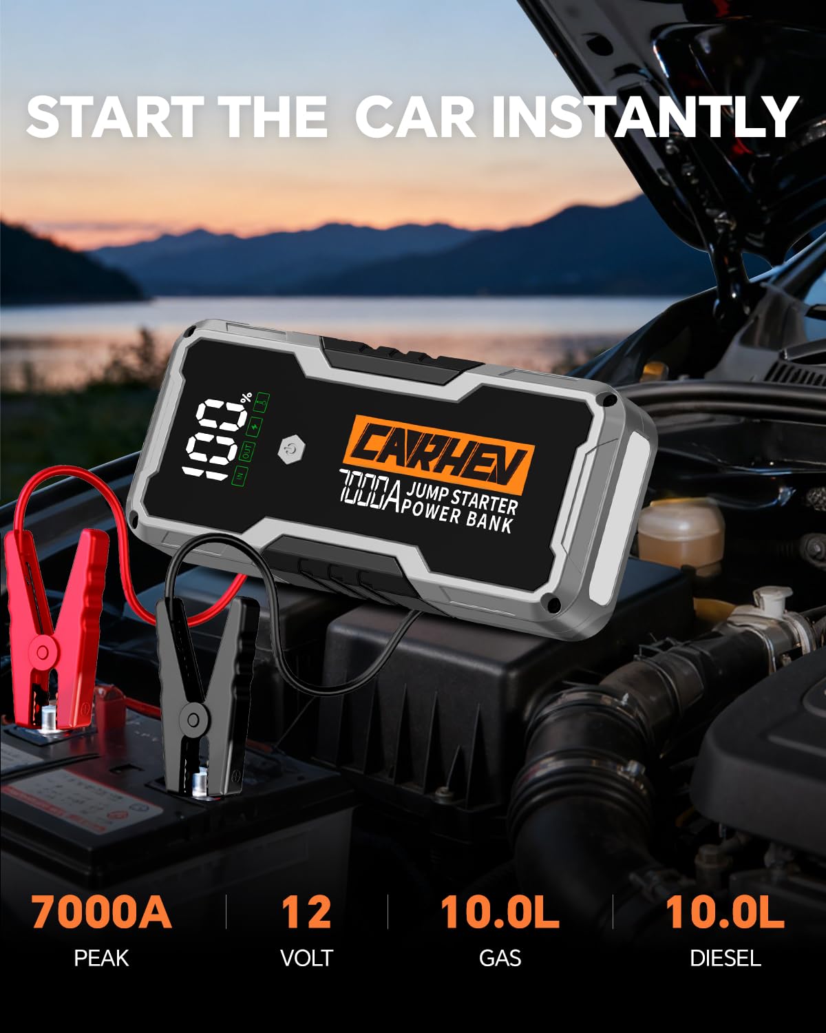 Car Battery Jump Starter Portable 12V with Jumper Cables LED Light H37048