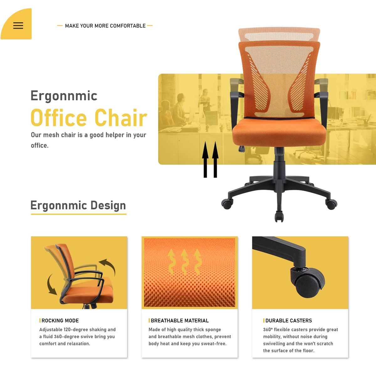 Orange Mid Back Mesh Ergonomic Office Chair with Armrest L1687
