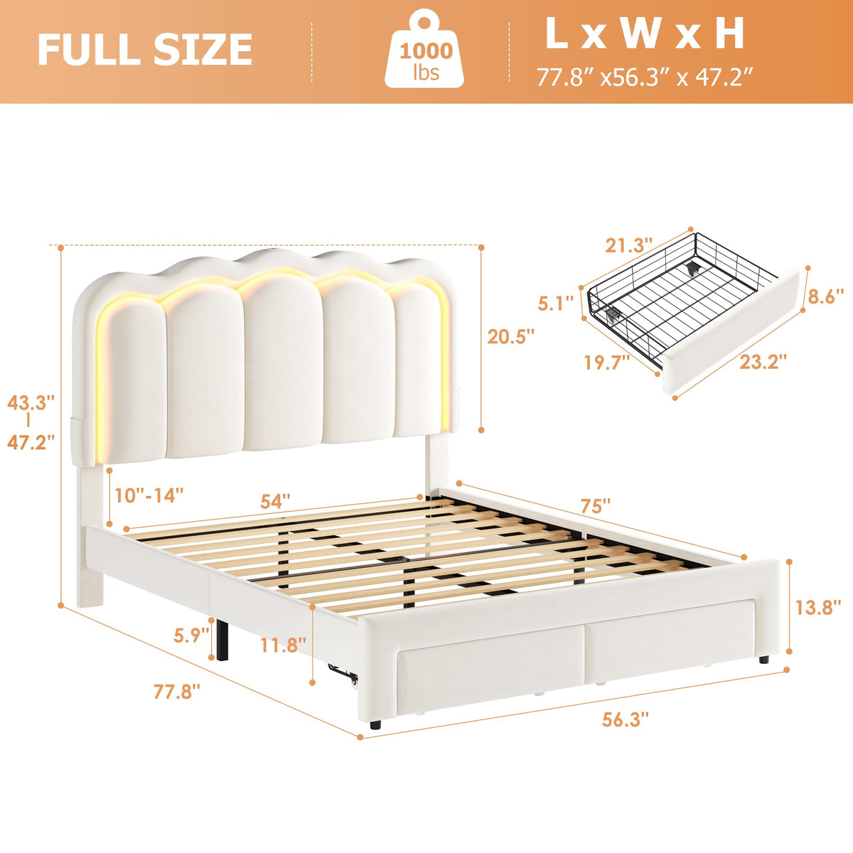 Beige Velvet Upholstered LED Bed Frame with 2 Storage Drawers U293573