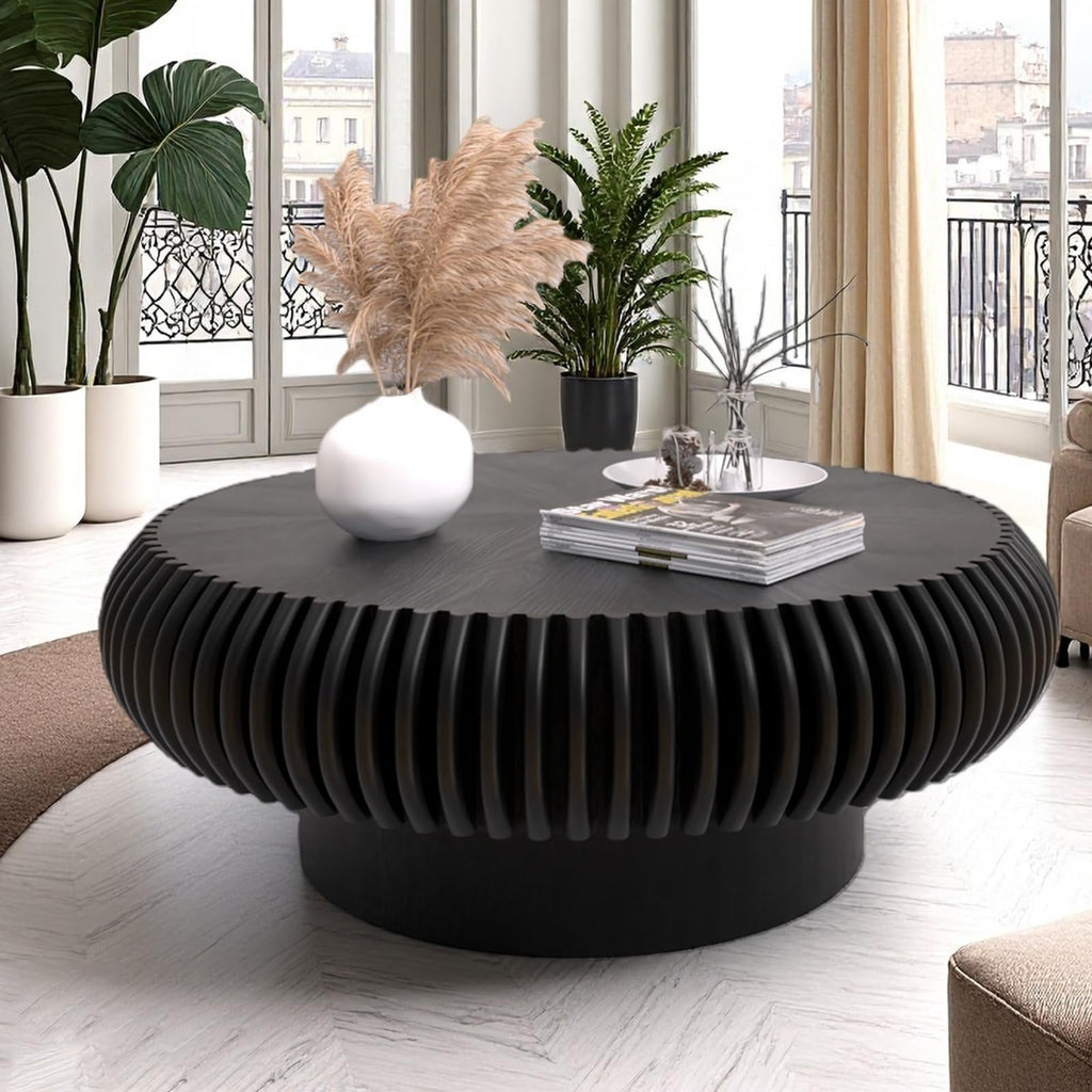 Black Round Fluted Drum Coffee Table N637