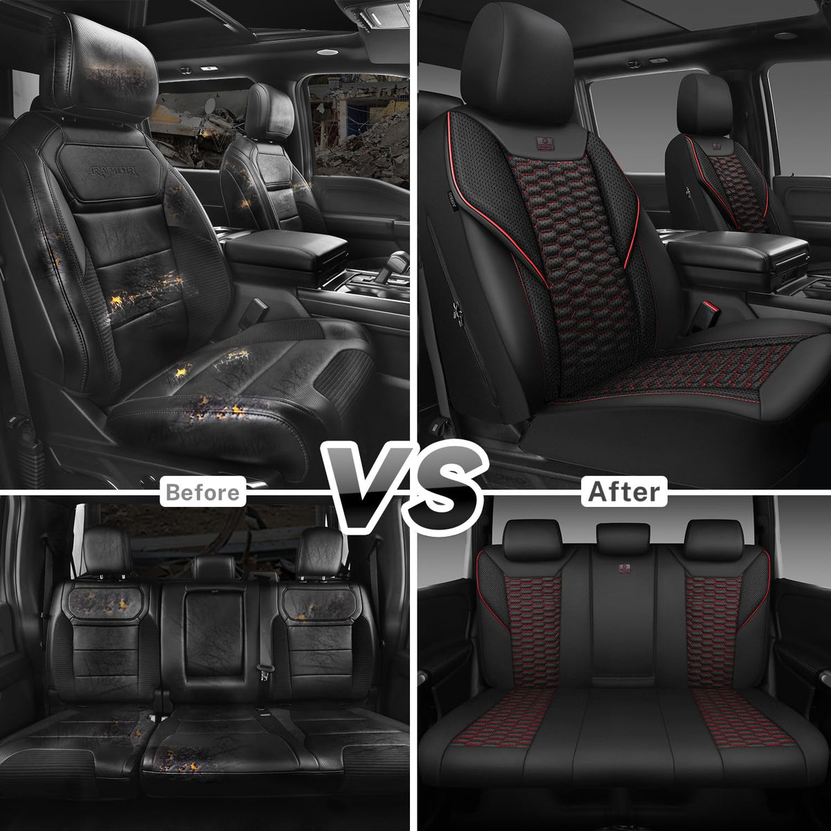 3D Foam Mesh Faux Leather Car Seat Covers Full Set, Black and Red R4671